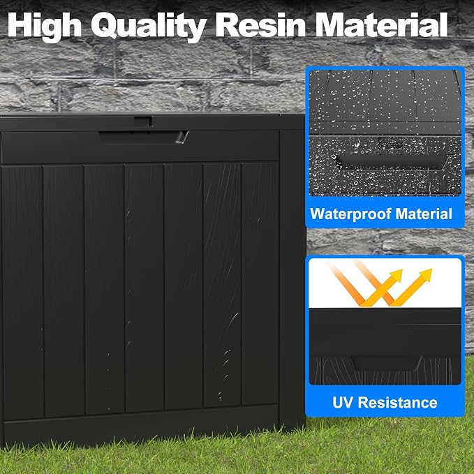 30 Gallon Waterproof Outdoor Resin Deck Box with Lockable Lid, Minimalist Wood Grain Pattern, Easy Assembly Features and Convenient Handles For Cushion, Pillows and other Patio Furniture (Black)