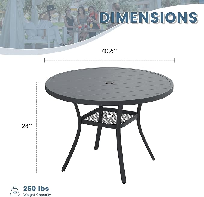 DIFY Outdoor Dining Table for 4, Round Patio Table with Umbrella Hole for Garden, Backyard and Porch (Dark Grey)