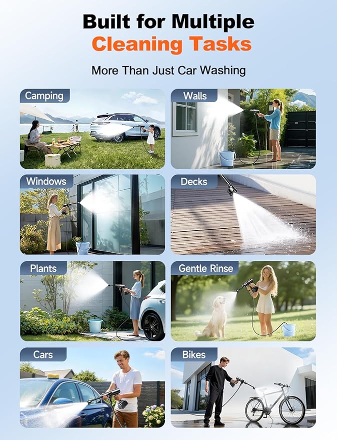 Cordless Portable Car Washer, Handheld Washer with Brushless Motor, 6-in-1 Nozzle and 32 ft Detachable Hose, Battery Powered Washer for Car, Home, Outdoor Patio and Garden Use.