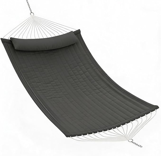 Garvee 2 Person Outdoor Hammock with Stand, Cotton Rope Hammock with Polyester Pad, Arc-Shaped Adjustable Steel Frame, 2-in-1 Hammock for Patio, Backyard, Garden, Beach (Dark Gray)