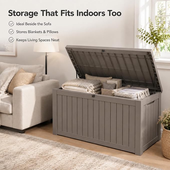 270 Gallon Extra Large Deck Box Outdoor, Resin Storage Box Outdoor Waterproof, Lockable Garden Storage Bench, Holds Patio Furniture, Pool Supplies & Equipment, Hydraulic Rod, UV-Proof, Gray Brown
