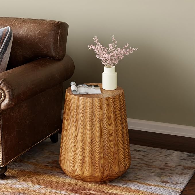 SUNBURY Outdoor Side Table, Stump End Table, Wood Stump Stool Light Oak, Round Concrete Side Table Colored Faux Wood, Ottoman or Plant Stand, Deck or Garden