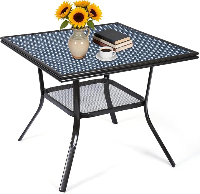 35.2" Square Outdoor Bistro Table, All-Weather PE Rattan Patio Side Table w/Sturdy Metal Frame & Adjustable Foot Pads, Wicker Dining Table for Poolside Backyard Garden Balcony, Blue/White