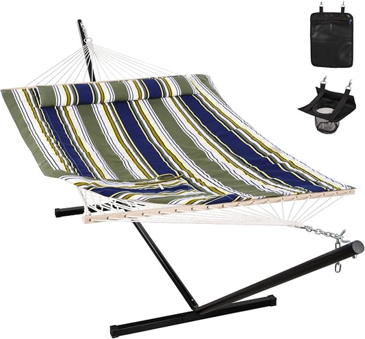 ANOW Double Rope Hammock with Stand 12FT, Heavy Duty Hammock with Polyester Pillow and Pad, 450 LBS Weight Capacity, Blue & Green Stripes
