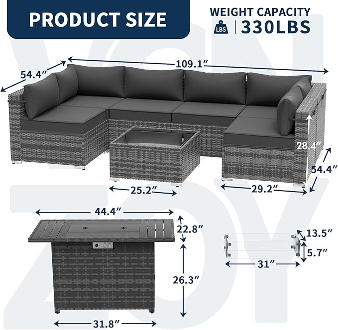 Patio Furniture Set with 43" Fire Pit Table, 8pcs Outdoor Sectional Sofa Set Heavy Duty Wicker Furniture Set with 2 Waterproof Covers
