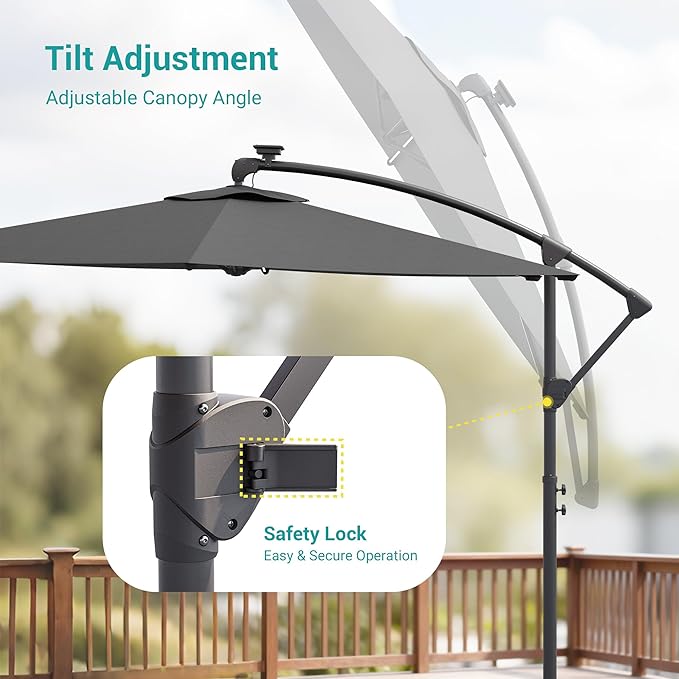 10ft Offset Patio Umbrella with Solar Light Strips,Outdoor Cantilever Hanging Umbrella with Cross Base, Fade Resistant Recycled Fabric, for Pool, Deck, Garden,Backyard,