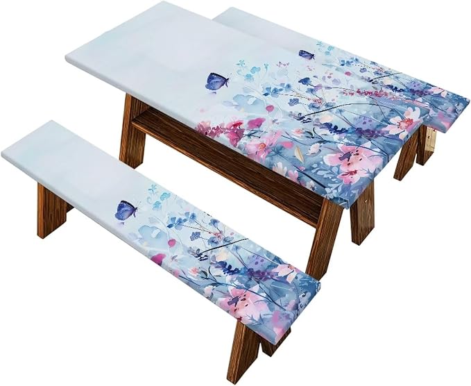 Blue Floral Picnic Table Cover with Bench Covers 3 Piece Fitted Picnic Table Cover with Bench Covers Picnic Table Covers with Elastic Band Picnic Table Cover for Outdoor, BBQ, Camping