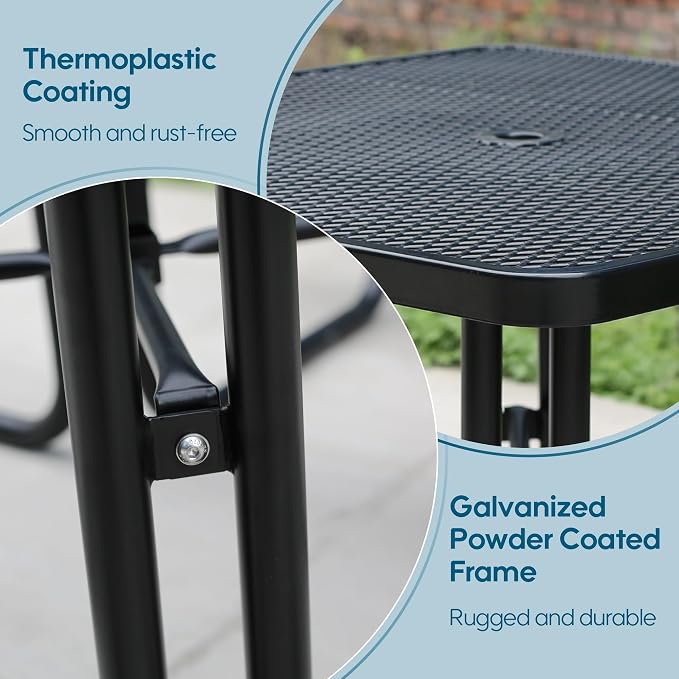 46" Square Picnic Table for Outside,Heavy Duty Metal Picnic Table Bench Set with 2in Umbrella Hole, 1600 lb Capacity,Commercial Dining Table Furniture for Garden Yard Patio Party Coffee Shop
