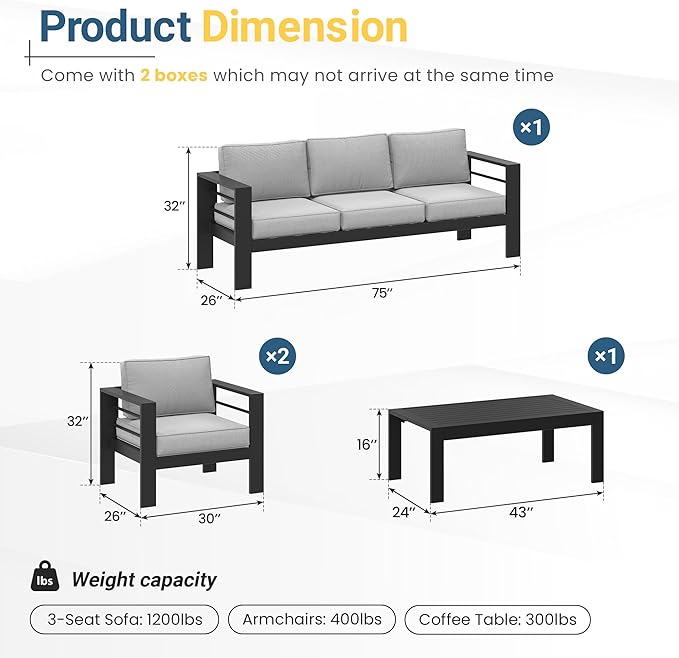 Wisteria Lane 4-Piece Outdoor Patio Furniture Set, Outdoor Sectional Furniture with Upgraded Cushions, Outdoor Conversation Seating Set for Balcony, Garden, Deck, Backyard, Black