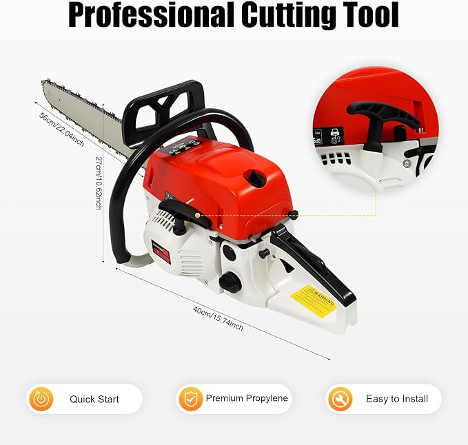 22 Inch Gas Powered Chainsaw, 52cc 2-stroke Single Cylinder Engine Gasoline Chainsaw, Petrol Handheld Cordless Chain Saw with Air-cooled Syestem for Tree Wood Cutting