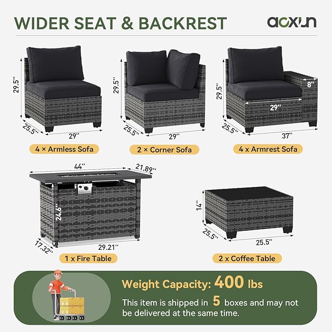 Aoxun Patio Furniture Sets with 44'' Fire Pit, 13 Pcs Outdoor Patio Coversation Set with 4in Thicken Cushion, Widen Armrests Wicker Outdoor Sectional for Backyard (Waterproof Cover Include)