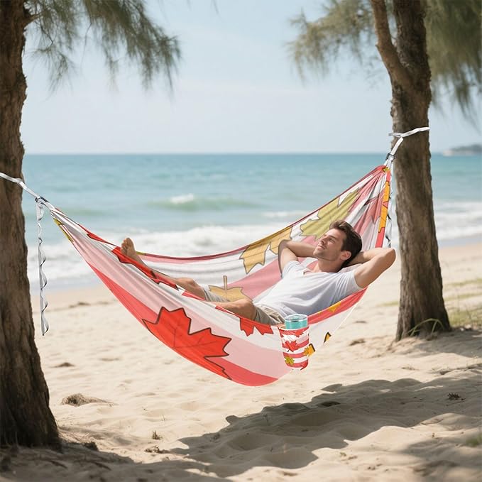 Red White Striped Maple Leaves 330lb Capacity Hammocks for Camping with Tree Straps Fabric Hammock for Outside Camping Essentials capas para la Lluvia