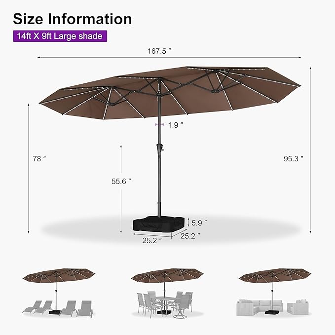 PURPLE LEAF 14ft Patio Umbrella with Solar Lights Outdoor Double-Sided Market Umbrella with Base Included Rectangle Table Umbrella for Pool Garden Backyard, Taupe