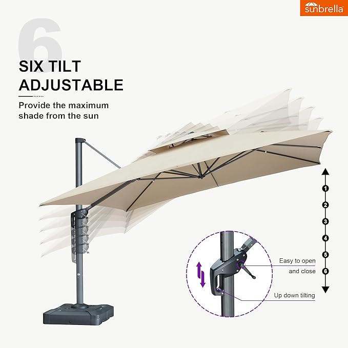 PURPLE LEAF 12FT Sunbrella Cantilever Umbrella Outdoor Large Heavy Duty Double Top Offset Hanging 360° Rotation Square Umbrella for Garden Patio Deck Pool Backyard Spectrum Sand