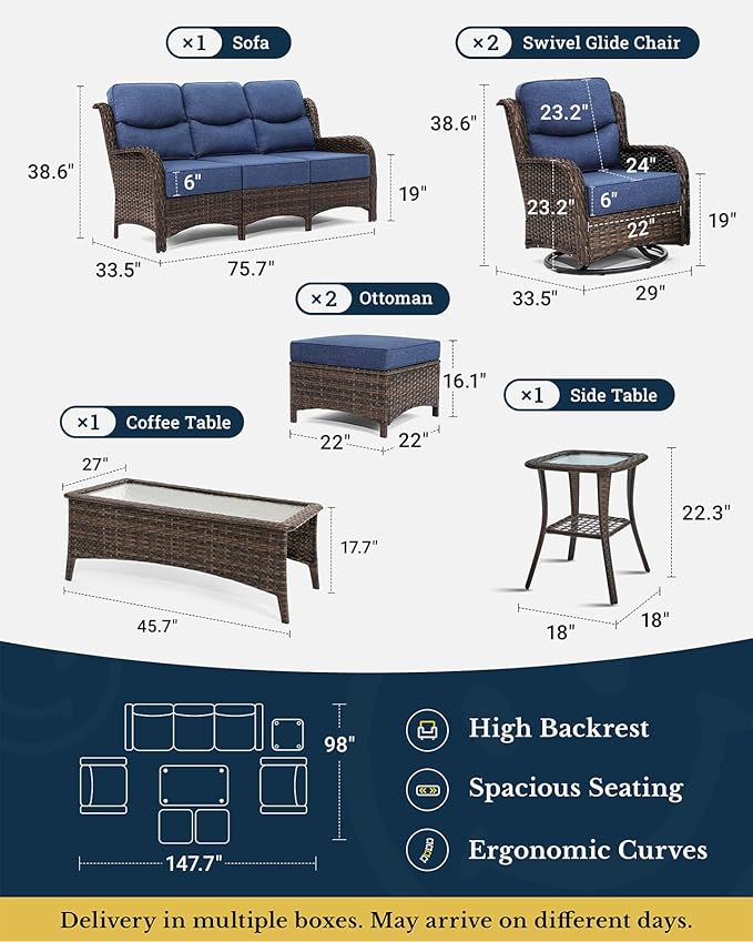 HILLGA Luxury Patio Furniture Set with 6-inch Thick Cushion, Outdoor Couch and High Back Swivel Rocker Patio Chairs, 7PCS Wicker Conversation Set for Deck Yard and Poolside, Blue (V2)