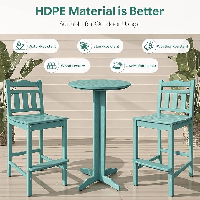 Outdoor Bar Stools Set of 4, HDPE Adirondack Bar Chairs with Backs, All-Weather High Top Patio Chairs, Heavy Duty Armless Bar Height Chair for Balcony, Garden, Deck (Aruba Blue, 4pcs Set)