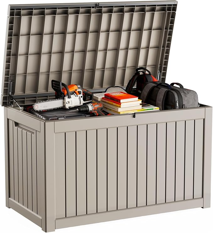 DRATO 280 Gallon Deck Box, Waterproof Resin Large Outdoor Storgae Box for Patio Furniture, Patio Cushions, Gardening Tools, Pool Supplies, Lockable (Gray, 280 Gallon)