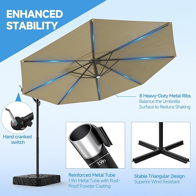 SUNYRISY 10ft Outdoor Patio Umbrella with Base Included, Large Cantilever Offset Umbrella with Sandbag Base Included for Deck, Pool, Porch, and Backyard Shade, Easy to Tilt and Crank