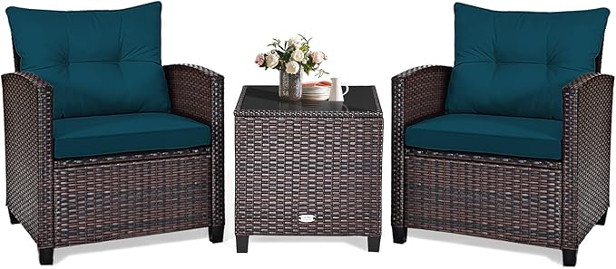 KOTEK 3 Piece Patio Furniture Set, Outdoor Conversation Set with Washable Cushions & Tempered Glass Tabletop, PE Rattan Wicker Bistro Set for Porch, Garden, Balcony (Peacock Blue)