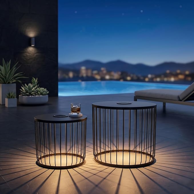 Solar Outdoor Side Table with Light Set of 2, Modern Round Patio Side Tables for Outside, Metal Outdoor End Accent Table for Living Room, Patio, Poolside, Backyard, Garden, Black