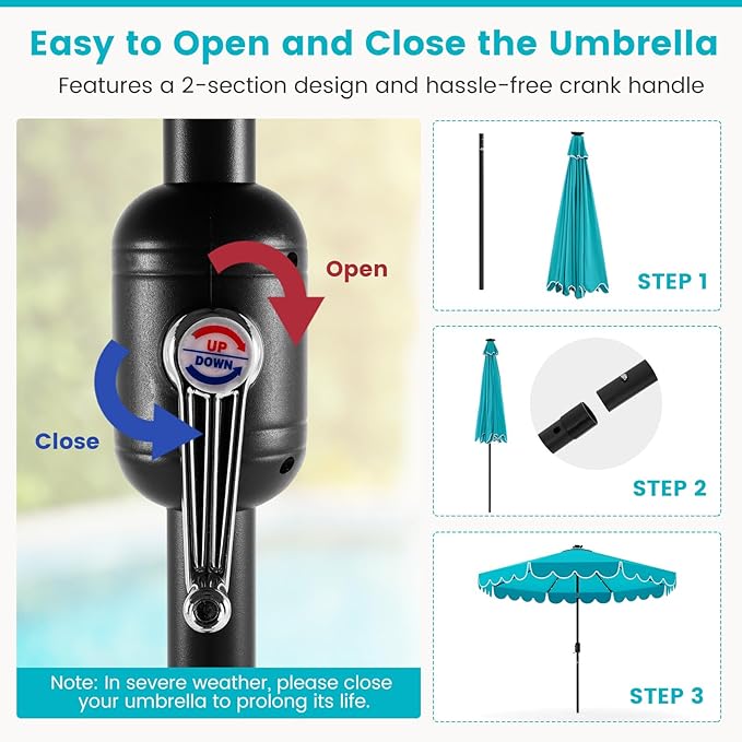Tangkula 9 FT Solar Patio Umbrella, 2-Tiers Scalloped Outdoor Table Market Umbrella with 32 LED Lights, Vented Top, Tilt Adjustment, Crank, 8 Ribs for Backyard Poolside Deck Beach Lawn (Turquoise)
