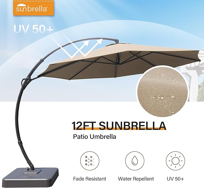 LAUSAINT HOME 12ft Patio Cantilever Umbrella with Base Included, Outdoor Curvy Round Offset Umbrella, Heavy Duty Aluminum, 360° Rotation for Pool, Deck, Lawn, Backyard (Upgraded Sunbrella Fabric Beige)