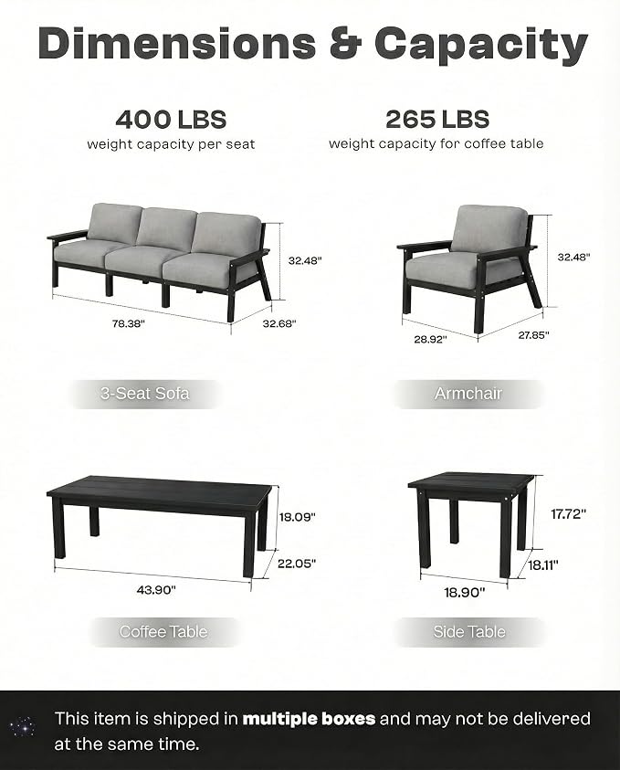 7 Piece Patio Conversation Sets, Outdoor Couch with Washable Thick Gray Cushions, HDPE Patio Furniture Set with 12FT Umbrella, Outdoor Sectional Furniture for Backyard (Black Frame)