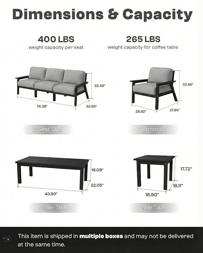 7 Piece Patio Furniture Set, HDPE Outdoor Sectional with Gray Washable Thick Cushions, Coffee Table & Side Table, Patio Conversation Sets for Lawn, Garden, Porch, Balcony (Black Frame)