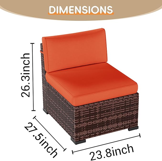 Patio Furniture Set, 5 Pieces Outdoor Sectional Sofa Set, PE Wicker Rattan Slanted Back Outdoor Conversation Set with Cushions and Glass Coffee Table, Orange