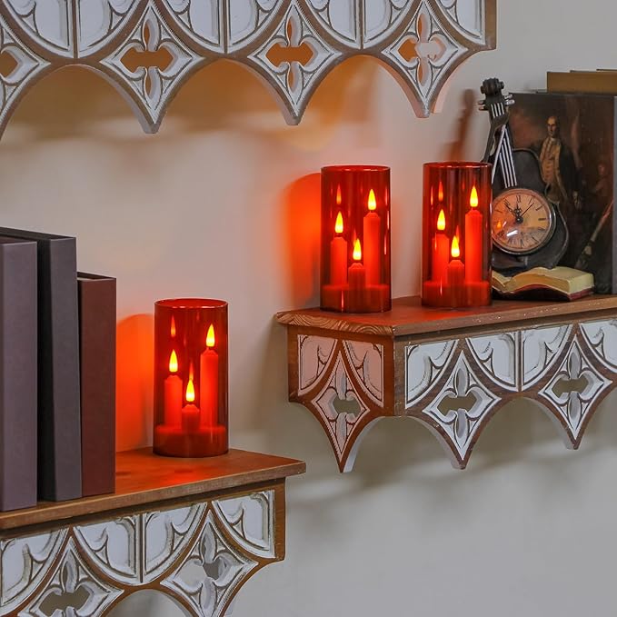 3 in 1 Flameless Taper Short Candles with 10 Key Remote Control and Timer, Battery Operated Pack of 2 LED Acrylic 3" x6" Red Pillar Flickering Warm Light
