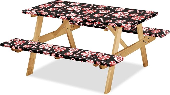 Christmas Candy Cane Picnic Table Cover with Bench Covers Camping Essentials Outdoor Table and Chairs Decorative Sets Flexible Picnic Table 3 Piece Set Suitable for BBQ Picnic Party Camping