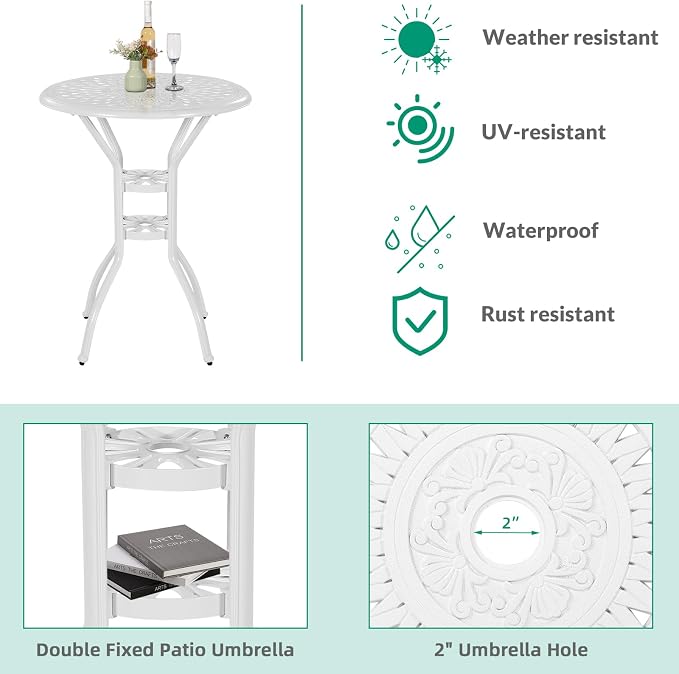 VIVIJASON 31" Patio Height Bar Table, All-Weather Cast Aluminum Bar Bistro Table Outdoor Patio Round Dining Table with Umbrella Hole for Balcony, Lawn, Garden, Backyard, White