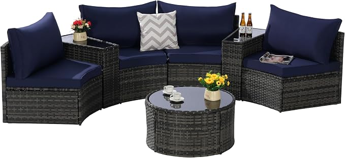 Eafurn 7 Pieces Outdoor Patio Conversation Furniture Sets All Weather Wicker PE Rattan Half-Moon Curved Sectional Sofa with Round Coffee Table, 4 Pillows & Waterproof Cover for Backyard