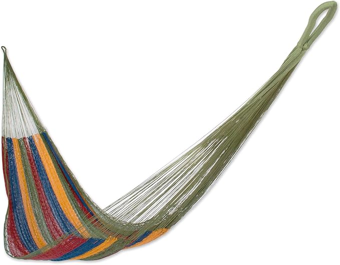 NOVICA Artisan Handcrafted Handwoven Rope Hammock Colorful Stripe Nylon Singlesized Blue Green Yellow Red Mexico Mayan Striped [159in L Hammock Bed 84in L x 45in W] ' Tropical Wind' Single