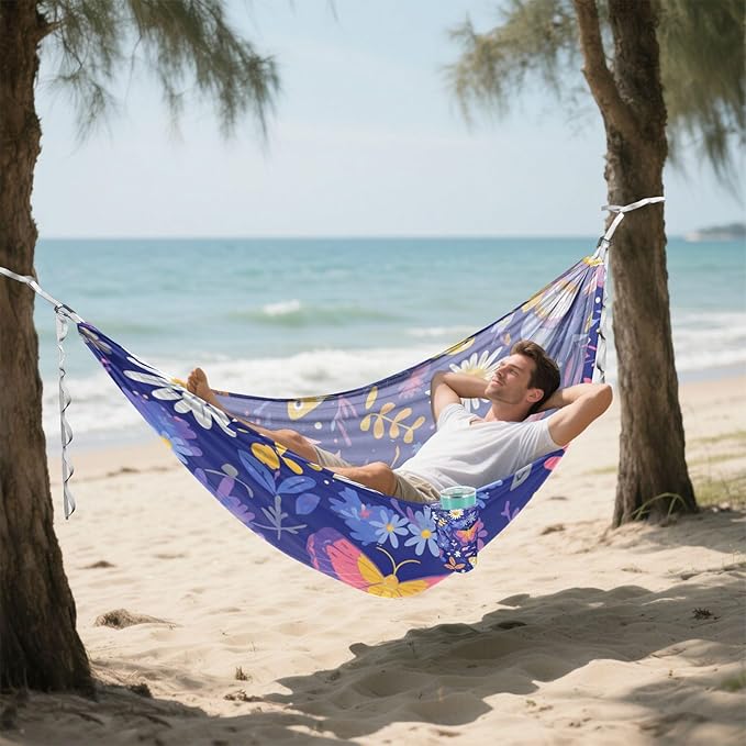 Cartoon-Style Butterflies Insects Bright Colors Leaves Flowers Childlike 330lb Capacity Camping Hammocks with Hanging Rope Hanging Hammock for Outside Patio Garden hamaca inflable para Piscina