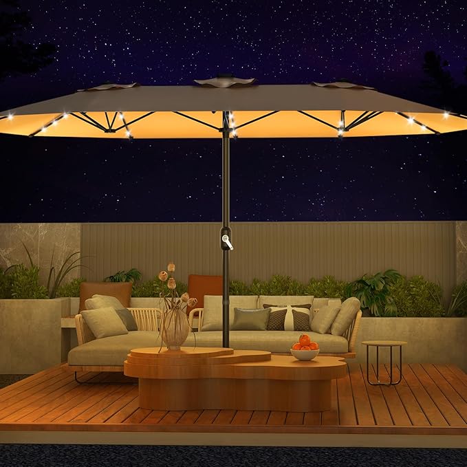 15FT Double-Sided Rectangular Outdoor Patio Umbrella with Included Base & Solar LED Lights–UV-Resistant & Waterproof Canopy,Heavy-Duty Steel Frame,Large Sun Shade for Garden,Deck,Poolside & Backyard