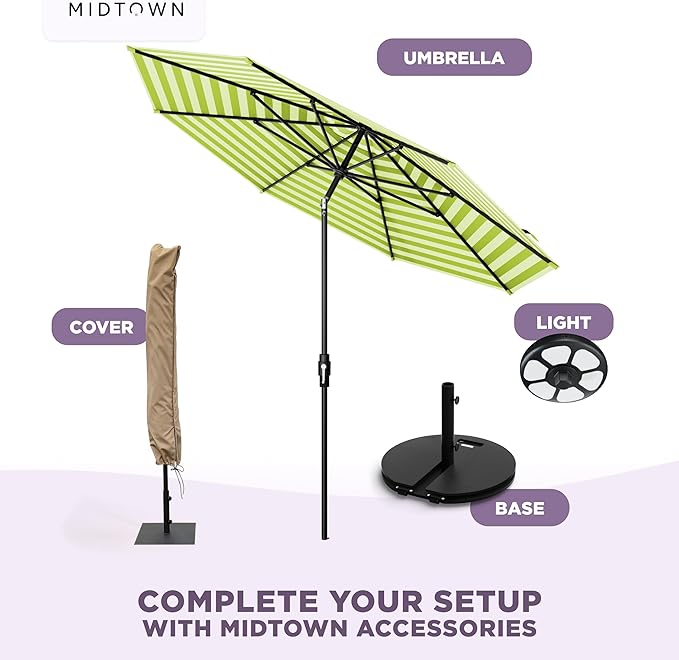 The Swilt 10 Feet Outdoor Umbrella With Terylast Pear Stripes (Green/White) Polyester Fabric - Fiberglass Ribs, Auto-Tilt And Swivel Aluminum Frame Patio Umbrella For Deck, Garden, Pool - Black Pole
