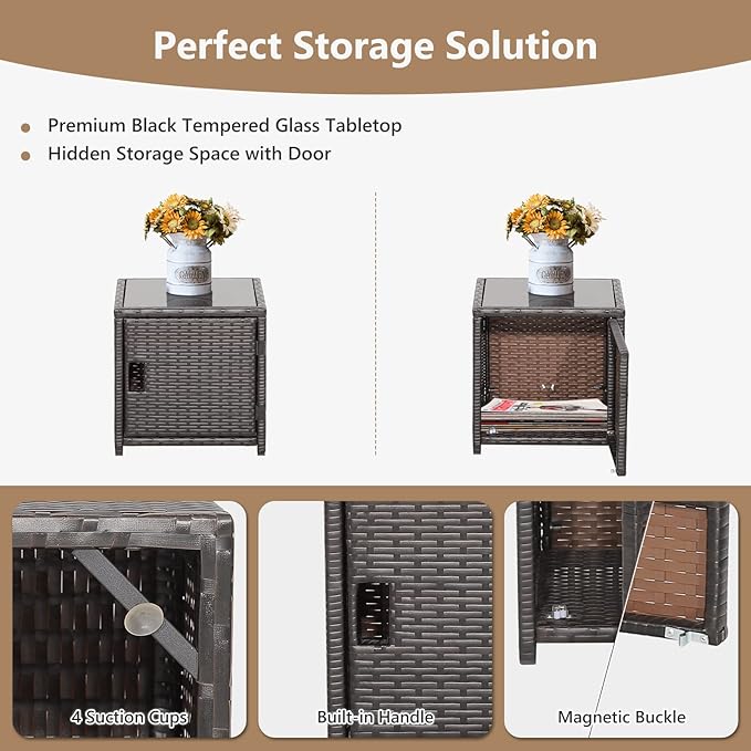Tangkula 5 Pieces Wicker Patio Furniture Set with Waterproof Cover,Patiojoy Outdoor Cushioned Chairs and Ottoman Set with Single-Door Storage Coffee Table,Space-Saving