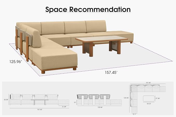 PURPLE LEAF Patio Furniture Set Modular L-Shaped Outdoor Sectional Sofa with 11" Thick Olefin Cushion 9-Piece Outdoor Conversation Set with Ottomans and Table for Backyard Garden Poolside, Beige
