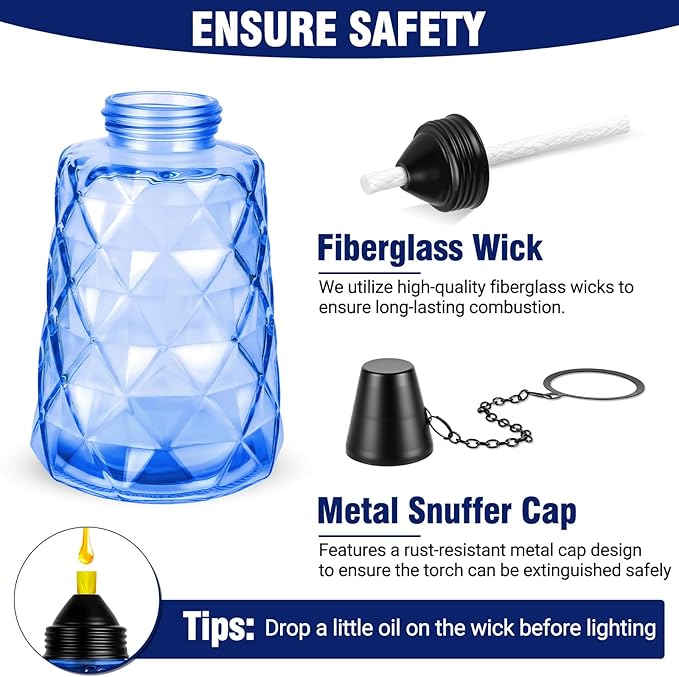 4-Pack Glass Tabletop Torches Outdoor, 12 oz Citronella Torches Canisters with Wick & Cap, for Patio, Backyard, Garden, Parties, Outside Deck (Blue)