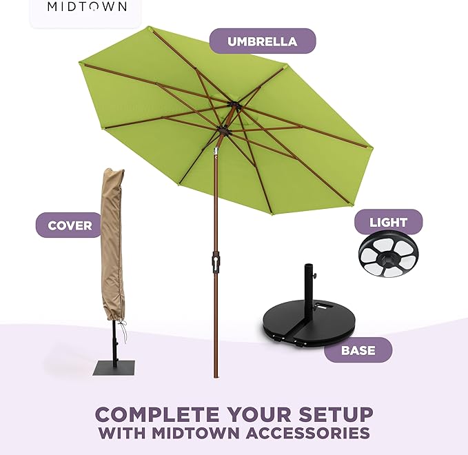 Midtown Umbrellas Wooden 2-8 Ft Patio Umbrella with 360° Swivel & Tilt Mechanism, 8 Fiberglass Ribs & Sunbrella Fabric - Outdoor Umbrella for Deck, Pool & Garden - Burgundy Canopy, Wooden Pole