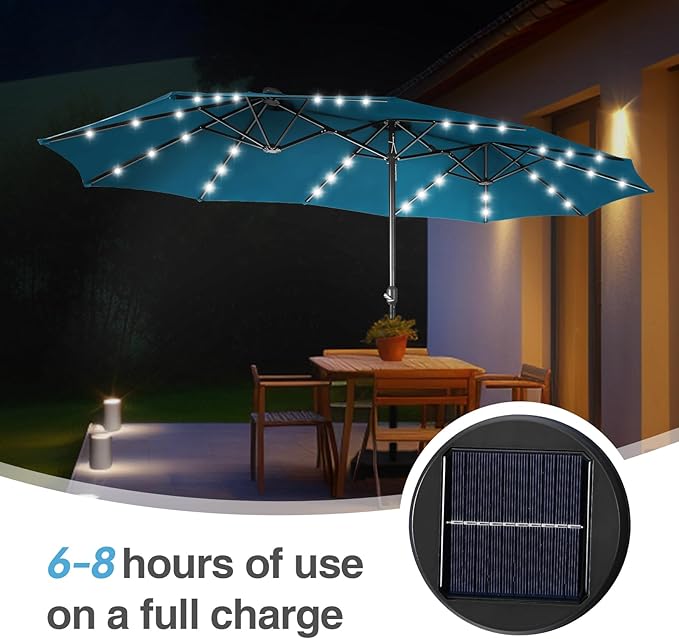 GREEN PARTY 15 ft Large Outdoor Patio Umbrella with Solar Led Lights & Base Included, Double-Sided Rectangular Table Umbrella with Stand, Market Umbrellas for Deck Poolside Garden Backyard, Cerulean