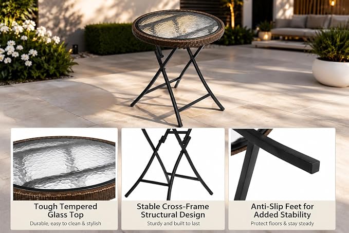Outdoor Side Table, Round Rattan Patio Side Table with Tempered Glass Top, Foldable Wicker Accent Table for Garden, Balcony, Porch, Deck, Poolside & Indoor Use, Brown, 18.9" Diameter