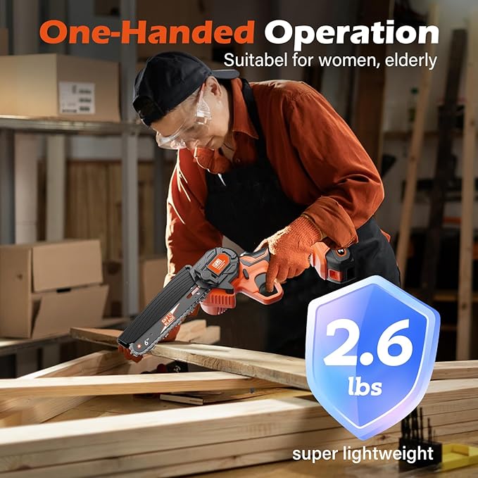 6 Inch Mini Chainsaw Cordless, Portable Electric Chainsaw, for Wood Cutting, Tree Trimming, Courtyard, Household, and Garden Orange