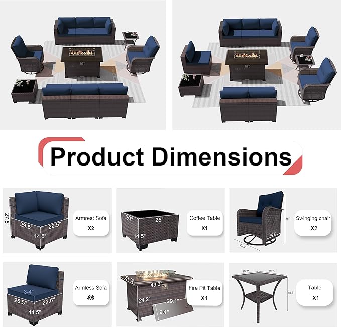 Patio Furniture Sectional Sofa Set 11PCS PE Rattan Swivel Rocking Chairs Patio Sofa Set, Outdoor Furniture Patio Conversation Set with 43in Propane Fire Pit and Coffee Table, Navy Blue