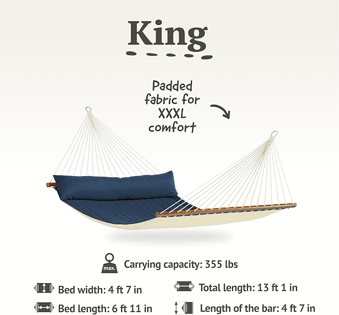 LA SIESTA® Alabama Quilted Hammock with Spreader Bar & TreeMount, Fabric Tree Hammock with Tree Straps for Beams Posts - Weatherproof Outdoor Hammock - 2 Person Double Hammock Bed - XL King, Navy Blue