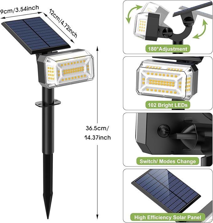 WENATY 102 LEDs Solar Lights Outdoor Waterproof, Spot Lights Outdoor with 4 Light Modes, Landscape Spotlight for Tree, Pathway, Yard, Garden, Adjustable Solar Panel Auto On/Off, 1 Pack, Warm