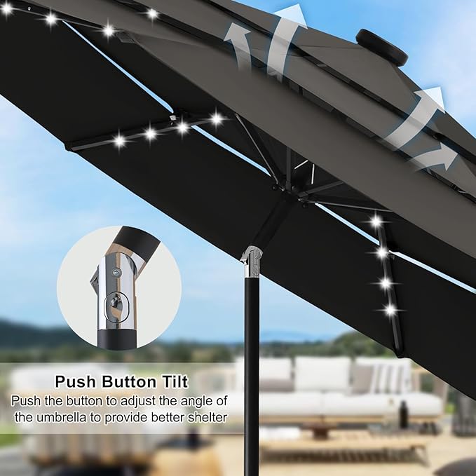 ABCCANOPY Solar Led Patio Umbrellas 3-Tiers 10FT (Dark Gray)