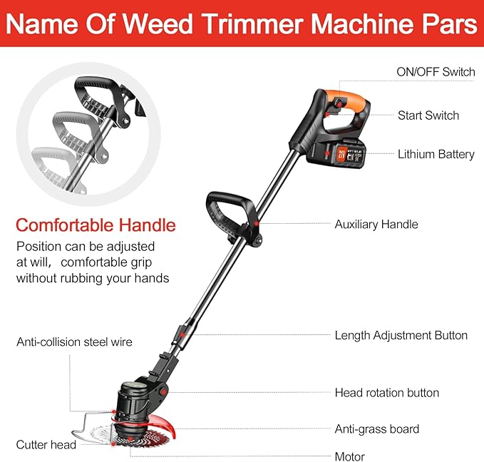 Weed Wacker Battery Powered, 21V 2Ah Battery Powered Cord Trimmer with 2 Batteries and 3 Blades,Weed WackerSuitable for patios and Gardens (Black)