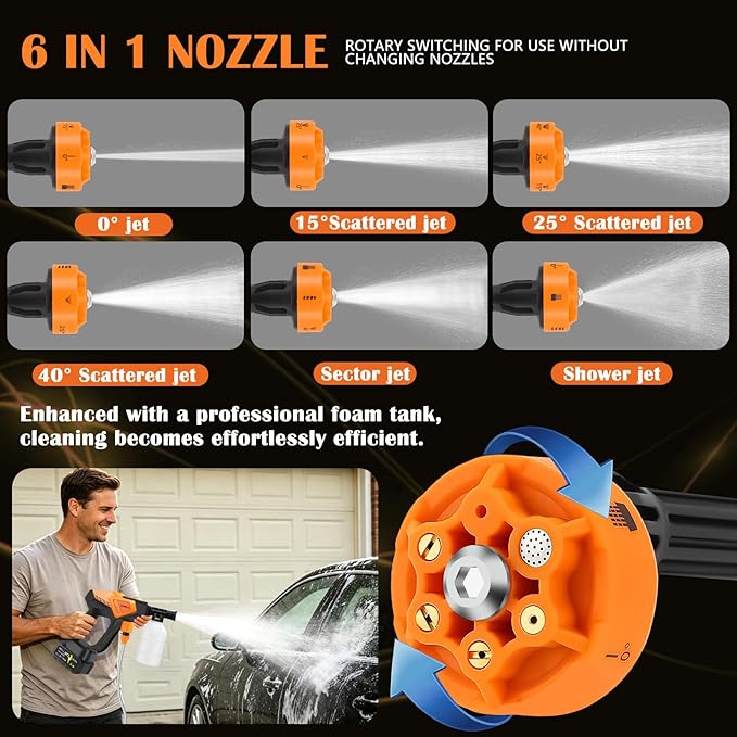Cordless Portable Washer Battery Powered, 6 in 1 Nozzle Handheld Washer with Tap Connector, 2 Batteries, 800PSI Lightweight Car Washer with 16ft(5m) Hose for Home & Outdoor Patio Garden